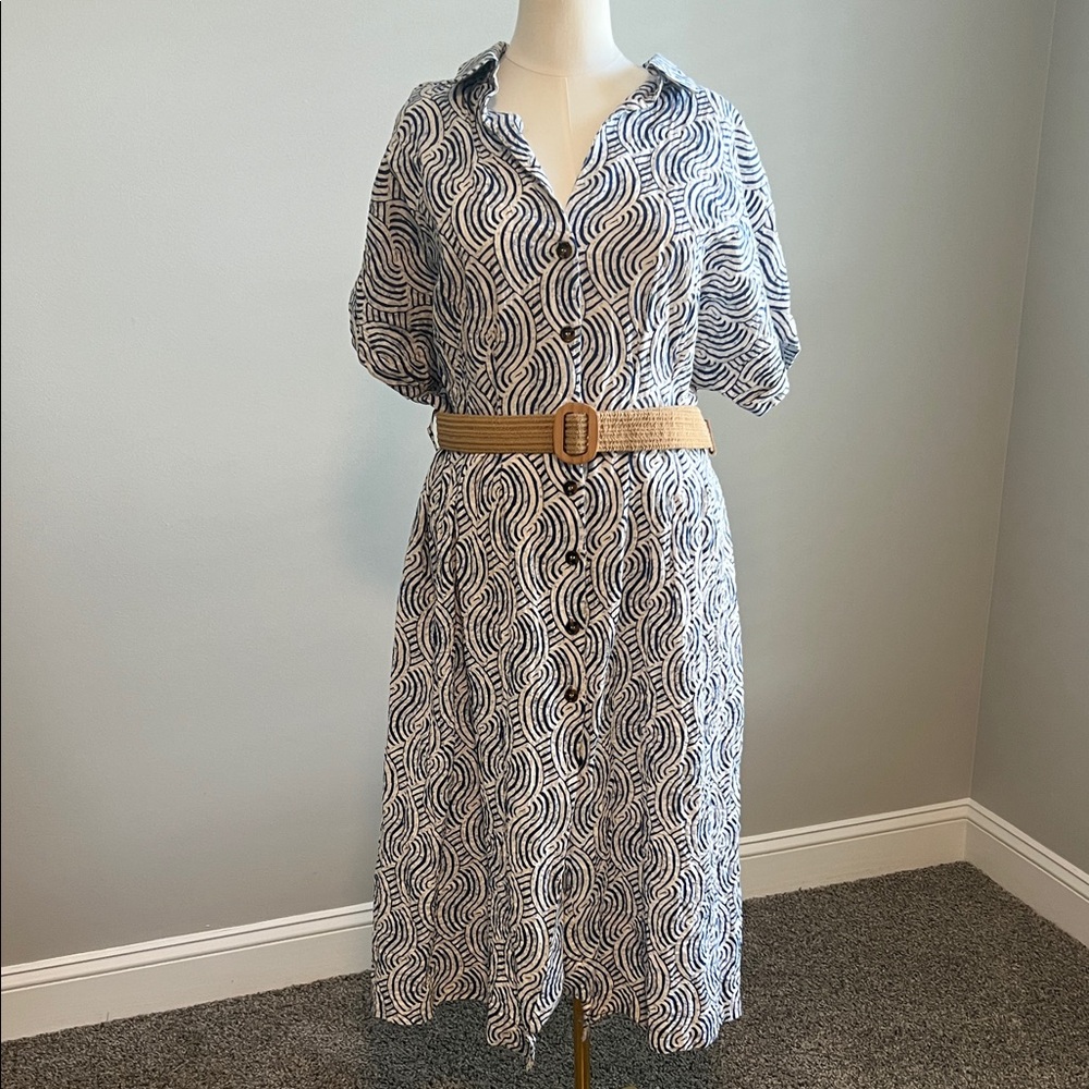 H&M Blue and White Patterned Midi Dress